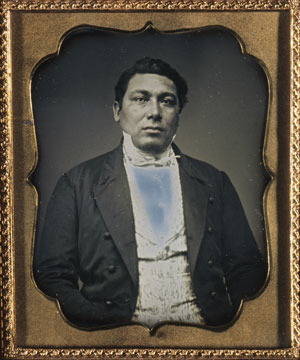 Amos Haskins, Wampanoag Indian sailed on six whaling voyages between 1839-1861 when he was lost at sea. He rose through the ranks until, in 1851, he was appointed master of the bark Massasoit, #00.231.27