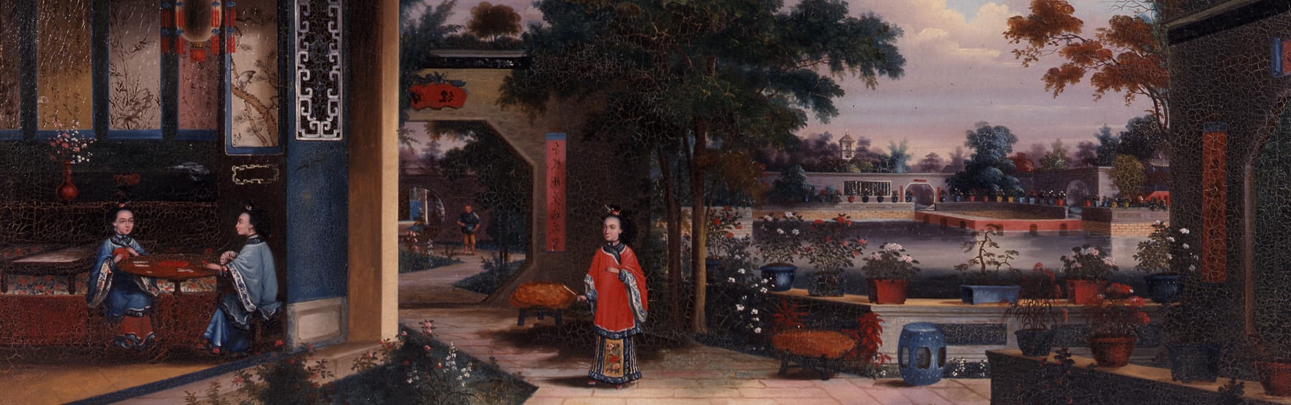 This painting of "Houqua's Garden" is by a Chinese artist. It shows a Chinese landscape with a tile walk around the wall of an angular pool. Potted plants are on top of the wall and flower beds, trees, and benches beautify the walk. On the left is an octagonal portal with a Chinese inscription. A female figure in red Chinese garb is in the center holding a fan. Behind her is an octagonal gate and a figure watering beds. On the right is an open tearoom, with screen and scrolls and two figures inside in blue Chinese garb, sitting at a table and playing a game. The painting is in its original Chinese Chippendale frame.