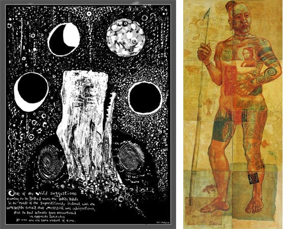 Left: Robert Del Tredici, Ubiquitous, mixed media, silver halide print on archival Fuji metallic paper, 2014.

Right: Kathleen Piercefield, Queequeg in his own proper person, collagraph, monotype, polyester-plate lithography, intaglio, colored pencil, acrylic on Rivers BFK paper, mounted on eight stretched canvas panels, 2004.