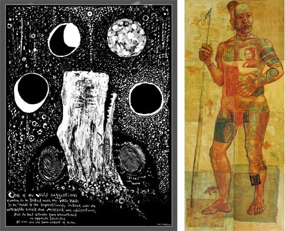 2-artwork-oceanic-harvest-exhibit Left: Robert Del Tredici, Ubiquitous, mixed media, silver halide print on archival Fuji metallic paper, 2014.
Right: Kathleen Piercefield, Queequeg in his own proper person, collagraph, monotype, polyester-plate lithography, intaglio, colored pencil, acrylic on Rivers BFK paper, mounted on eight stretched canvas panels, 2004.
