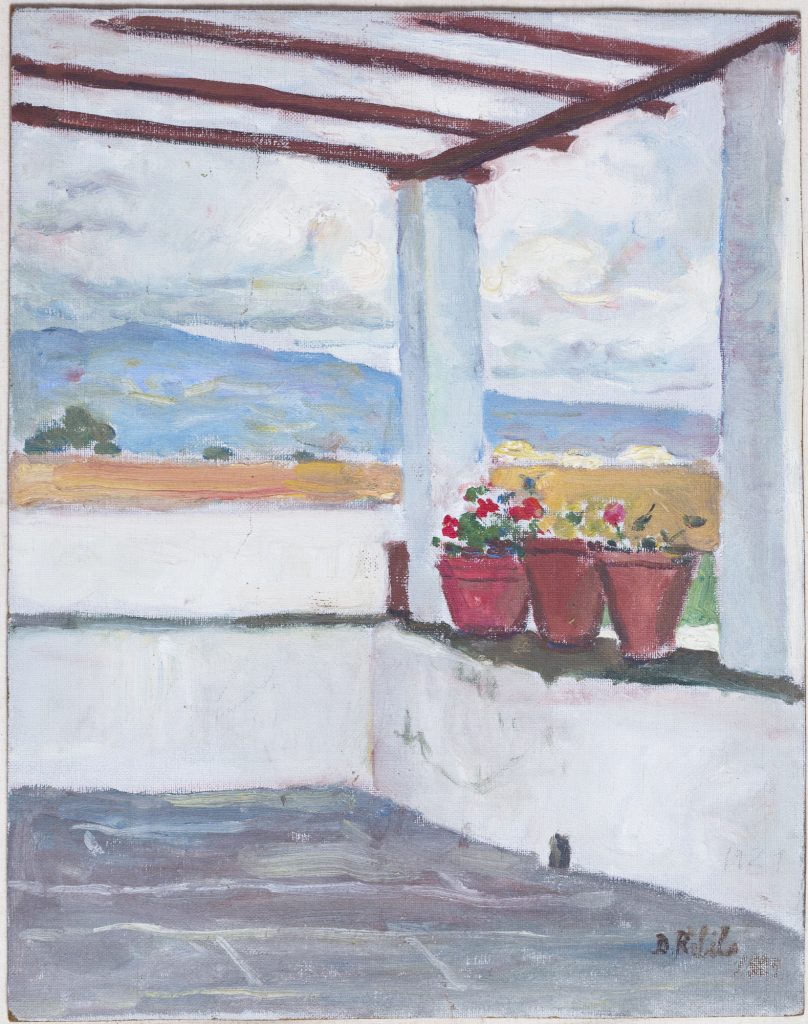 An oil painting of the balcony of the painters house.