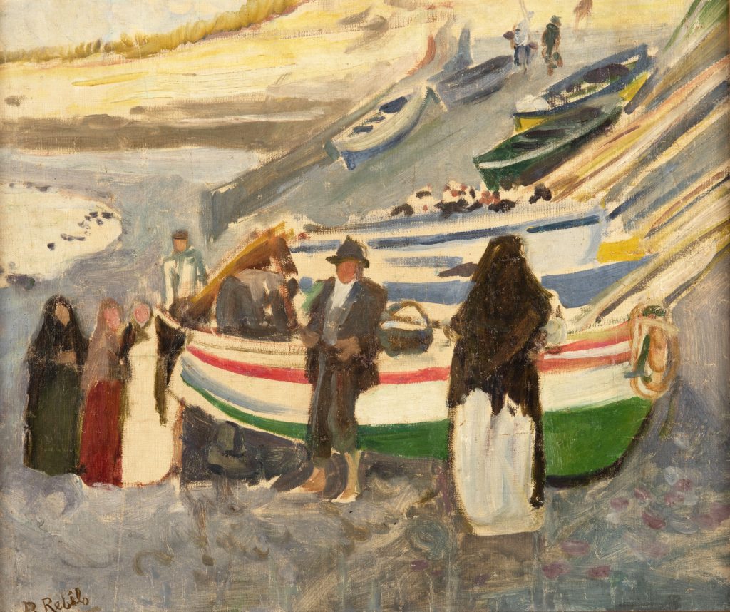 An oil painting of boats and fishermen in Mosteiros.