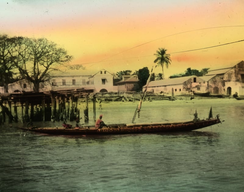 Wharf scene with canoe, Bathurst
Accession Number: 2003.103.42
Description: Wharf scene with canoe, Bathurst
Object: hand-colored photograph
Artist/Maker: Frederick Sowle
Date: 1899