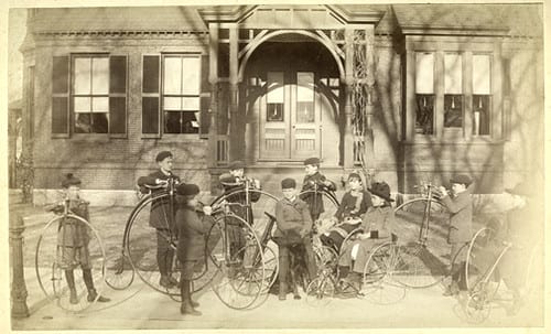 Accession Number: 2009.2.26
Creator: The Baylies Photo Co.
Summary: "Blue Blood Bicycle Club", Orchard and Arnold Streets.
Date: March 1888
Medium: Albumen Print, Mounted
Dimensions: 5" x 8.5"