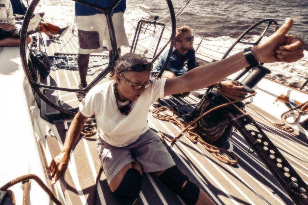 Dawn Riley Dawn shared stories from her adventurous 40-year sailing career including being the first woman to manage an America’s Cup sailing team as CEO and Captain of America True.