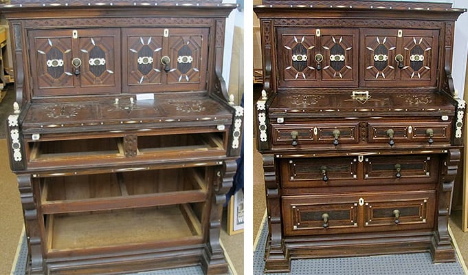 Before (left) and After (right): Whaling master, Charles H. Turner’s scrimshaw desk.