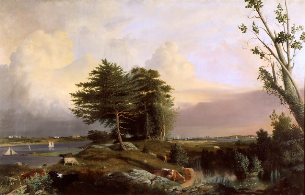 View Down the Acushnet River
Accession Number: 1997.24

Creator: William Allen Wall (1801-1885)

Summary: The landscape here epitomizes this local artist’s serene pastoral style. The viewpoint is Acushnet Heights, north of the city. To the left is the Fairhaven shore with a windmill by water’s edge and a few houses. Cows graze on the rock-strewn land in the foreground, with a small pond serving as a watering hole, and there are sailboats on the river. In the sublime distance, the busy harbor of New Bedford is visible with water borne traffic and buildings on the shore.

Title: View Down the Acushnet River

Date: 1853

Medium: oil on canvas

Dimensions: 35-1/4 x 55-1/2 (89.6 x 141 cm)
