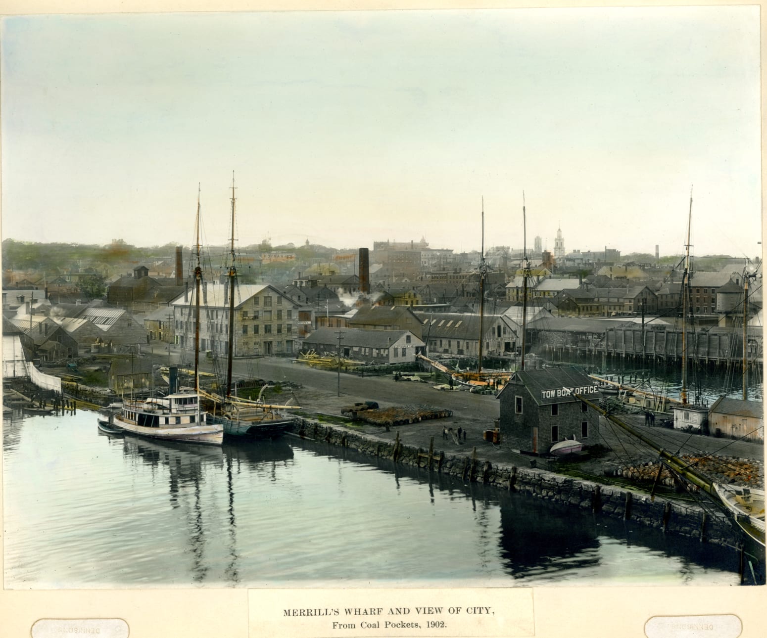 Image of Merrill's Wharf and a large part of New Bedford. Typed beneath the image: "Merrill's Wharf, and view of city, from Coal Pockets, 1902."