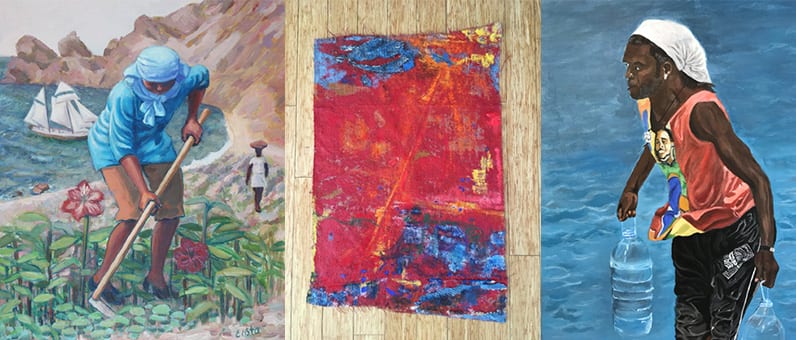 Caption: (left) Maurice Costa, Woman Digging at place of discovery of Cape Verde, oil on canvas. (center) Wanda Medina, Fogo’s Fire, latex and acrylic paints, pastels and paper on burlap. (right) Susan Costa, Fetching Water, São Vicente, acrylic on canvas.
