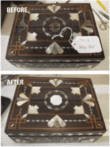 Before and after photograph of scrimshaw inlaid box