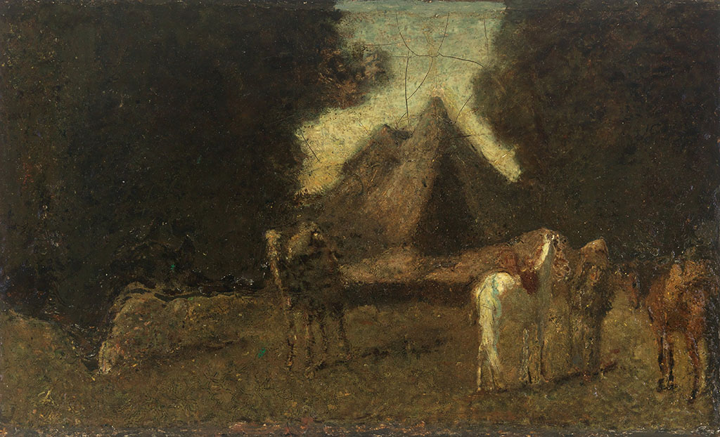 714634 An Oriental Camp, c.1875 (oil on canvas) by Ryder, Albert Pinkham (1847-1917); 18.4x30.4 cm; Mead Art Museum, Amherst College, MA, USA; Gift of George D. Pratt (Class of 1893); American,  out of copyright.

PLEASE NOTE: Bridgeman Images works with the owner of this image to clear permission. If you wish to reproduce this image, please inform us so we can clear permission for you.