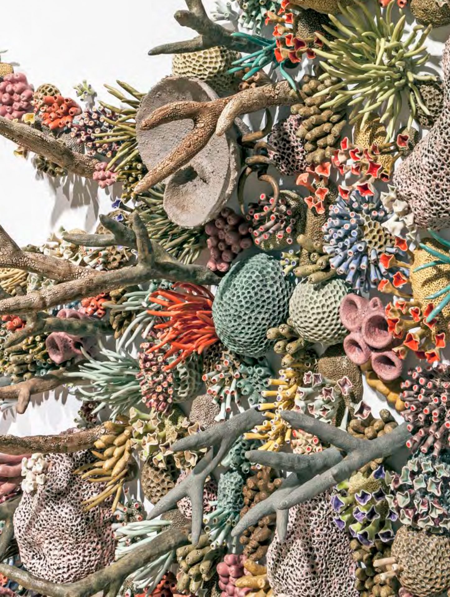 (detail) Aqueduct, 2016, glazed stoneware and porcelain, 90 x 32 inches (approximate). Photo by Glen McClure for Virginia MOCA.