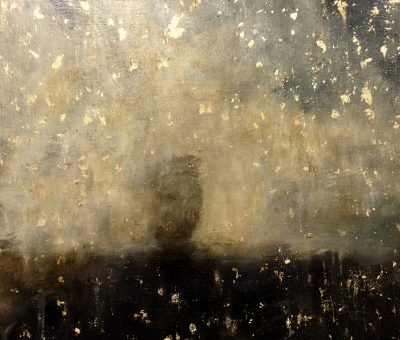 (Detail) Christopher Volpe, Westward, 2018. Tar, oil and gold leaf on wood, 16 x 24 inches.