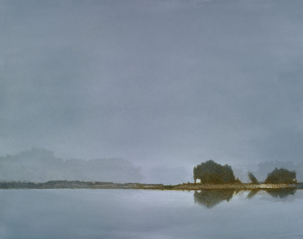 An oil painting of a foggy nature scene on a lake.
