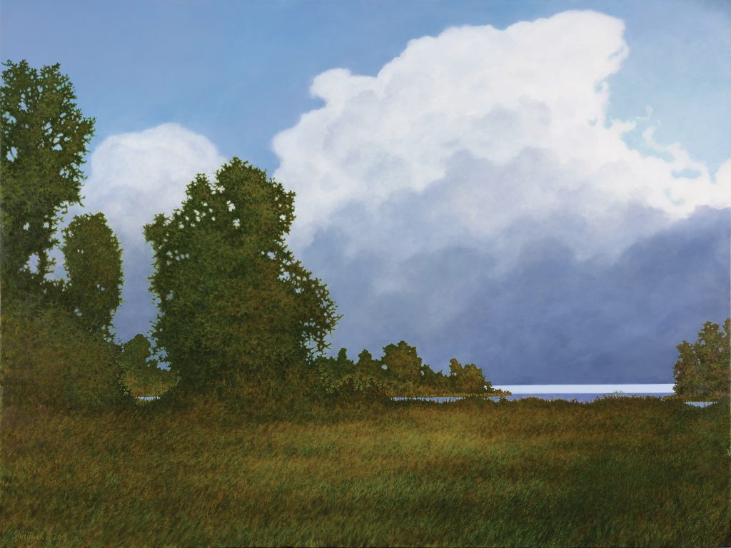 An oil painting of A Cloud Bank Over Buzzards Bay.