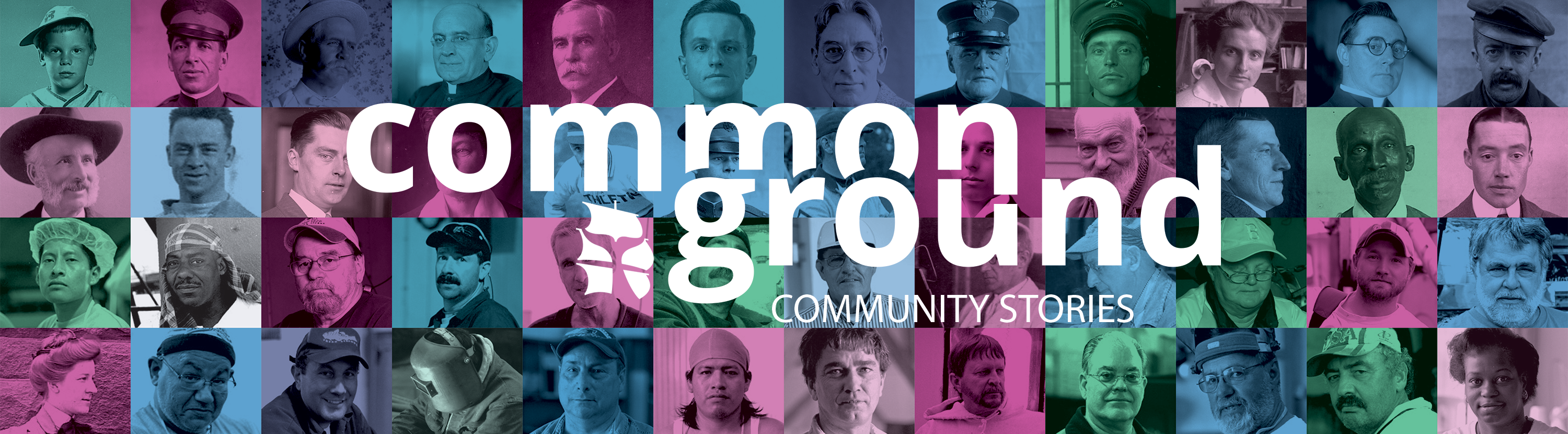 The logo for Common Ground. A mosaic of different peoples faces throughout the ages.