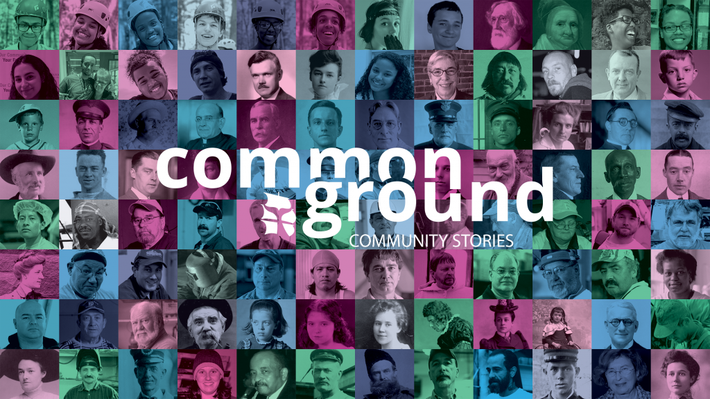 The logo for Common Ground. A mosaic of different peoples faces throughout the ages.