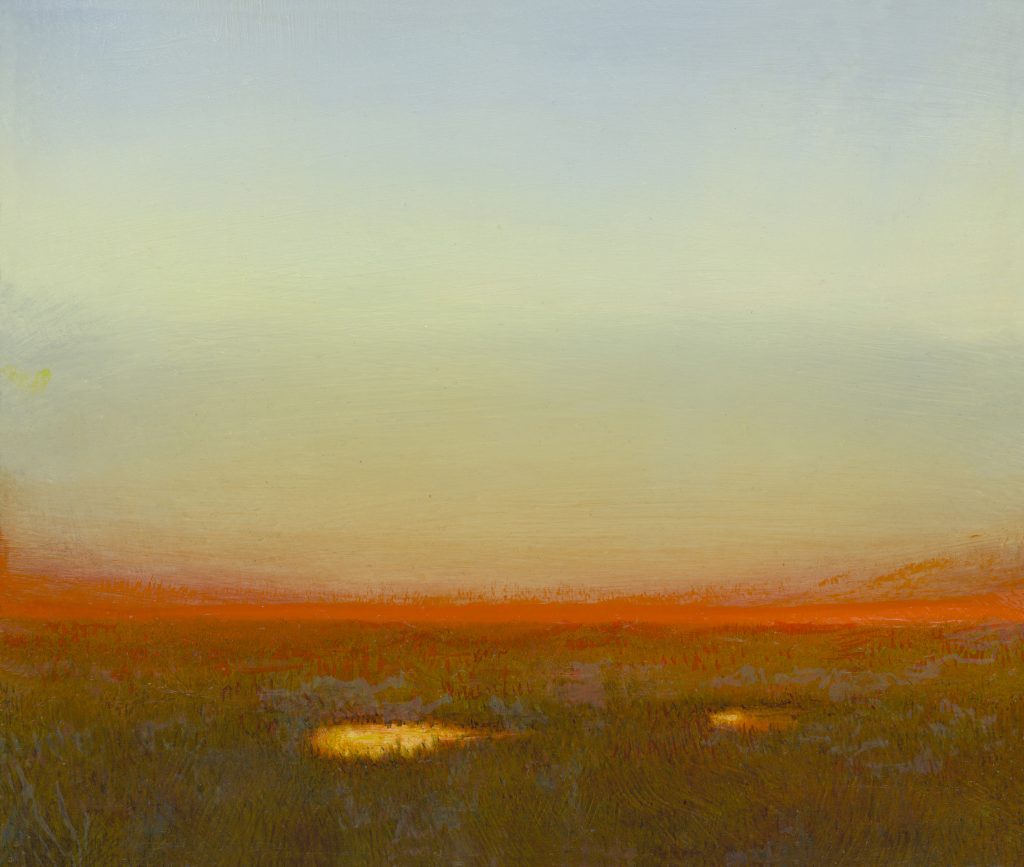 An oil painting of a marsh during the sunrise.