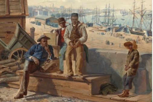 A painting of four young men in the 19th century standing by a pier.