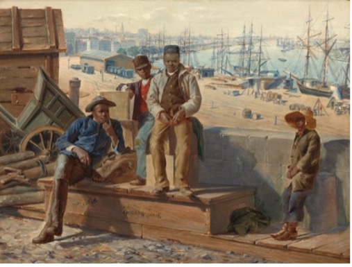 A painting of four young men in the 19th century standing by a pier.