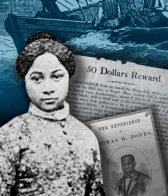 A drawing of a 19th century woman looking off to the side with a wanted poster for a freed slave next to her.