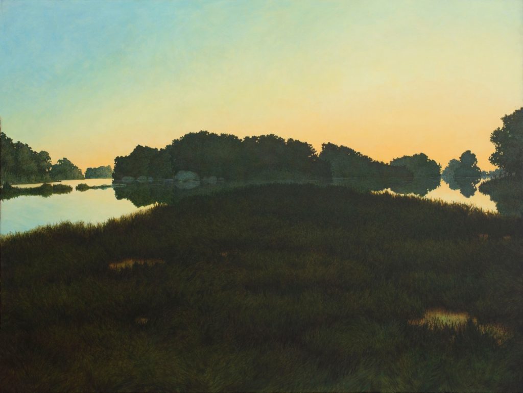 An oil painting of a marsh on the water.