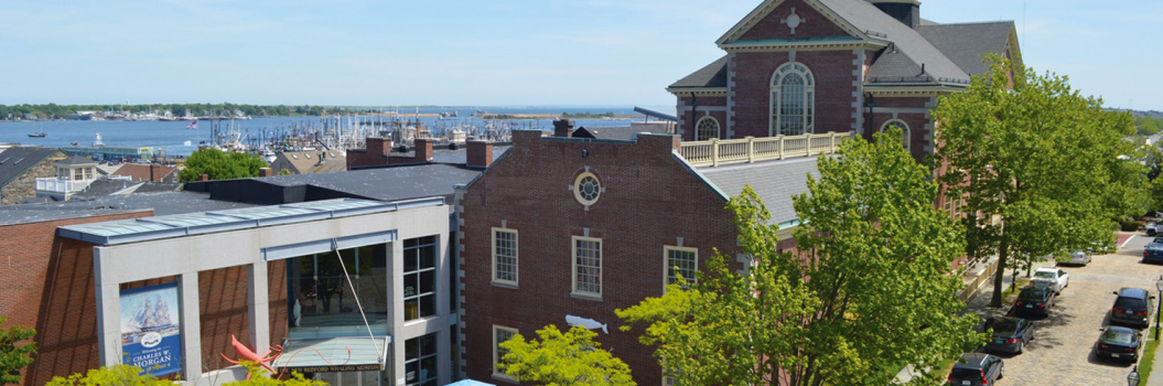 A wide aerial shot of the New Bedford Whaling Museum.