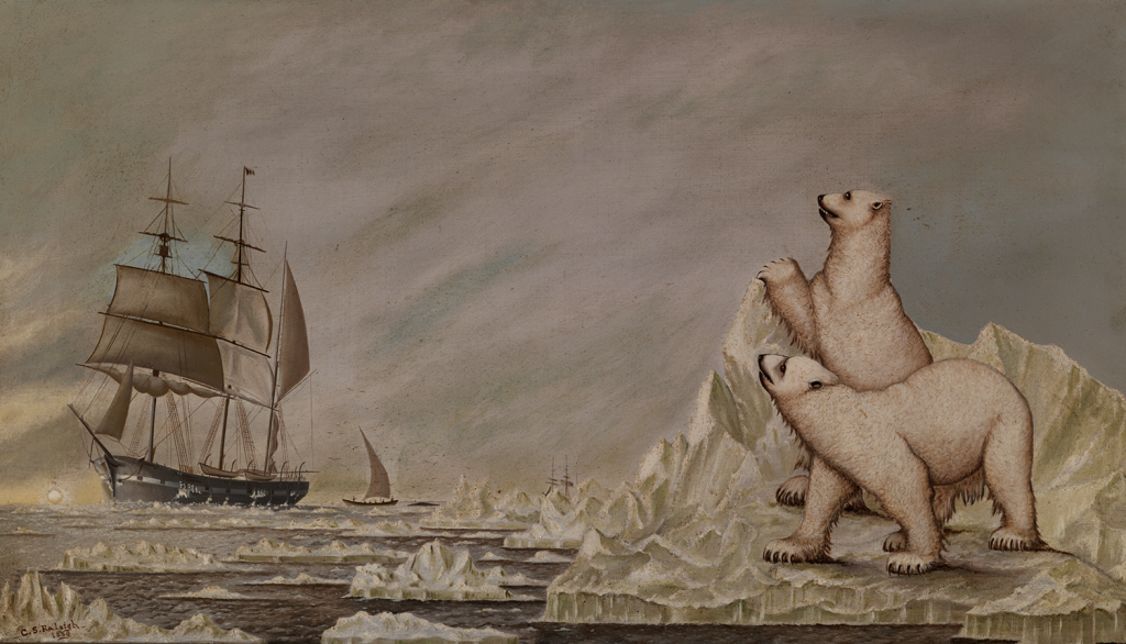 A painting of two polar bears staring at some far away whale ship in the distance atop of their ice cap.