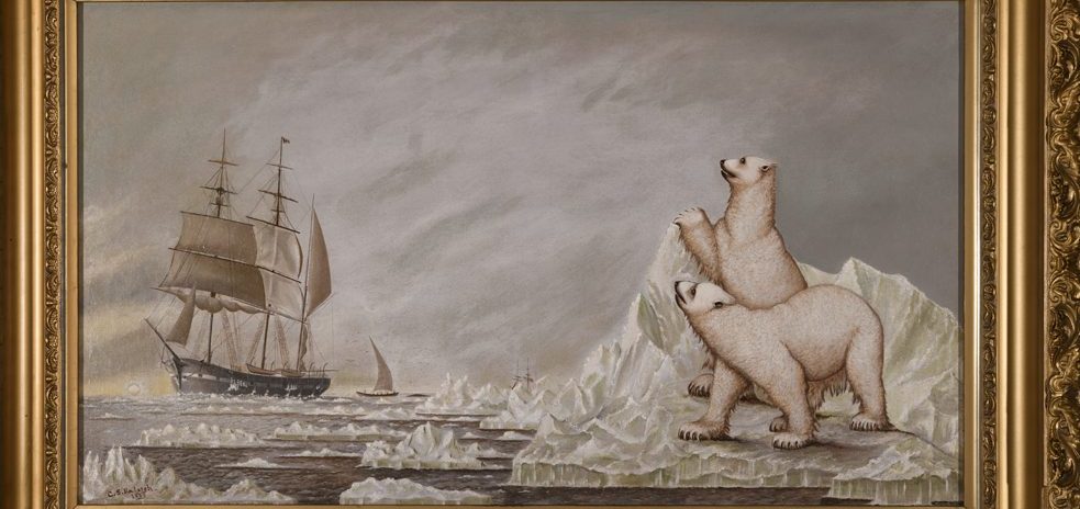 A painting of two polar bears staring at some far away whale ship in the distance atop of their ice cap.