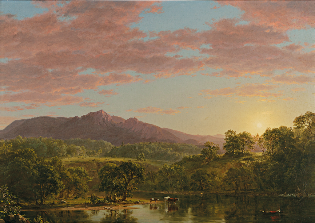 An ultrawide painting of a sunset nature scene on a river.