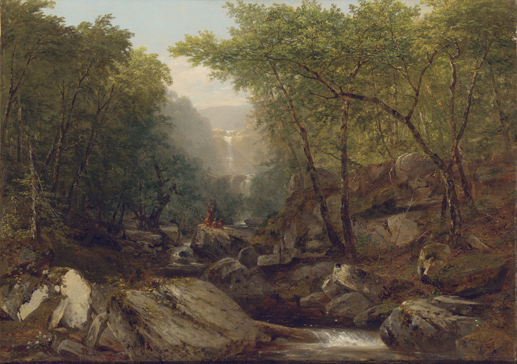 A painting of a waterfall in the forest. There is a group of Native Americans perched on the jagged rocks at the base of the waterfall where it turns into a river.
