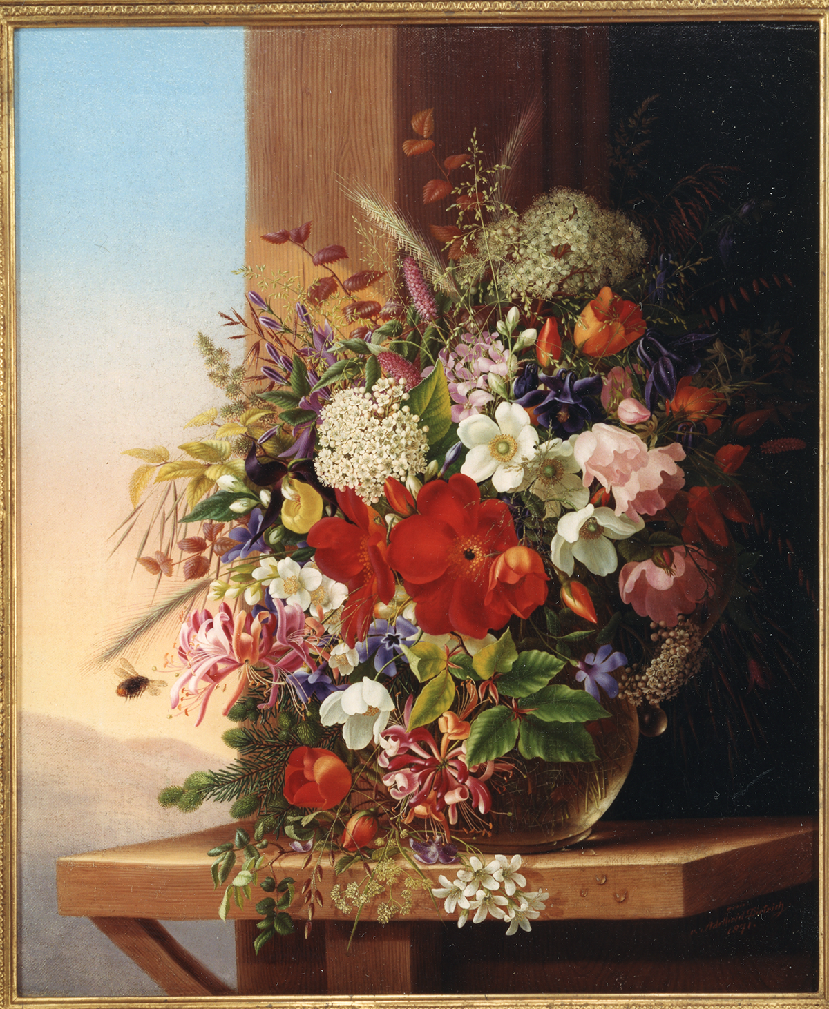 A still life painting of a large bouquet of flowers and a bee.
