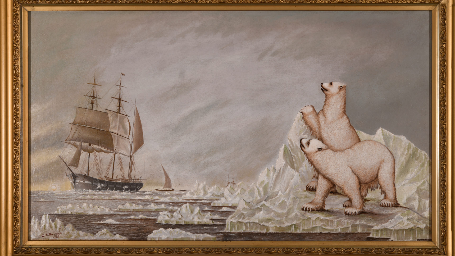 A painting of two polar bears staring at some far away whale ship in the distance atop of their ice cap.