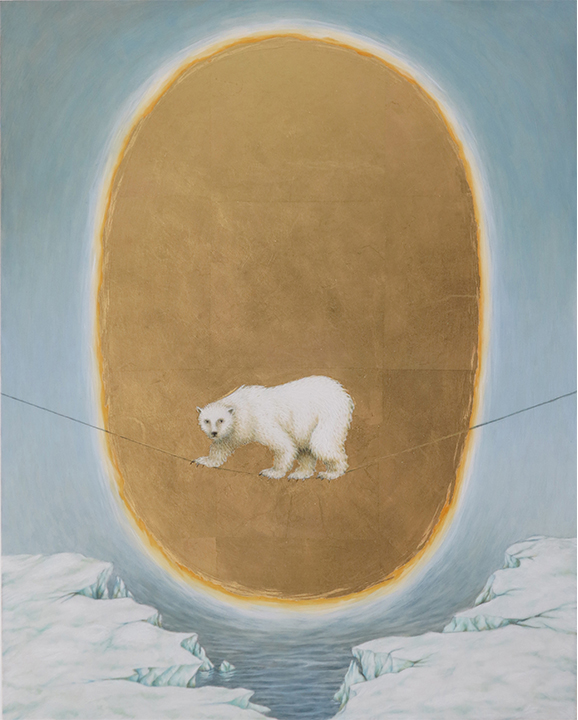 Tabitha Vevers, Trying Not to Think of a Polar Bear, 2017. Oil and gold leaf on mylar, 14.25 x 11.25 inches, collection of the artist.