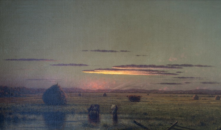 A painting of wide open marsh during a sunset.