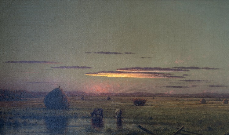 Plate 44 - cropped and resized A painting of wide open marsh during a sunset.