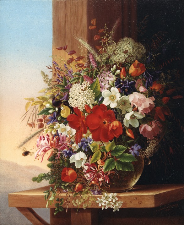 A still life painting of a large bouquet of flowers and a bee.