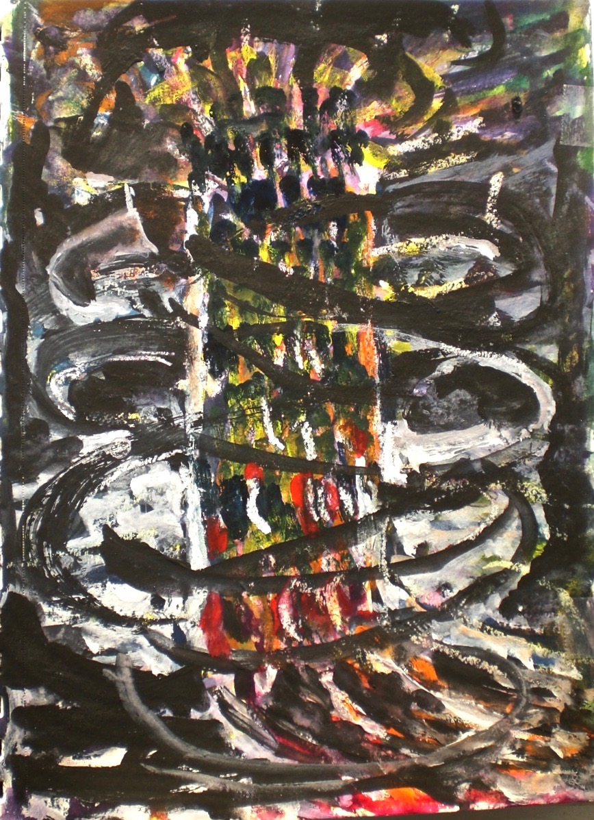 An abstract painting with the colors black, white, red, and green.