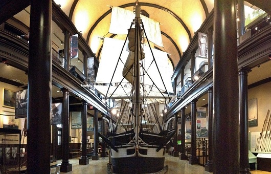 A wide shot of the model whaling ship the Lagoda.
