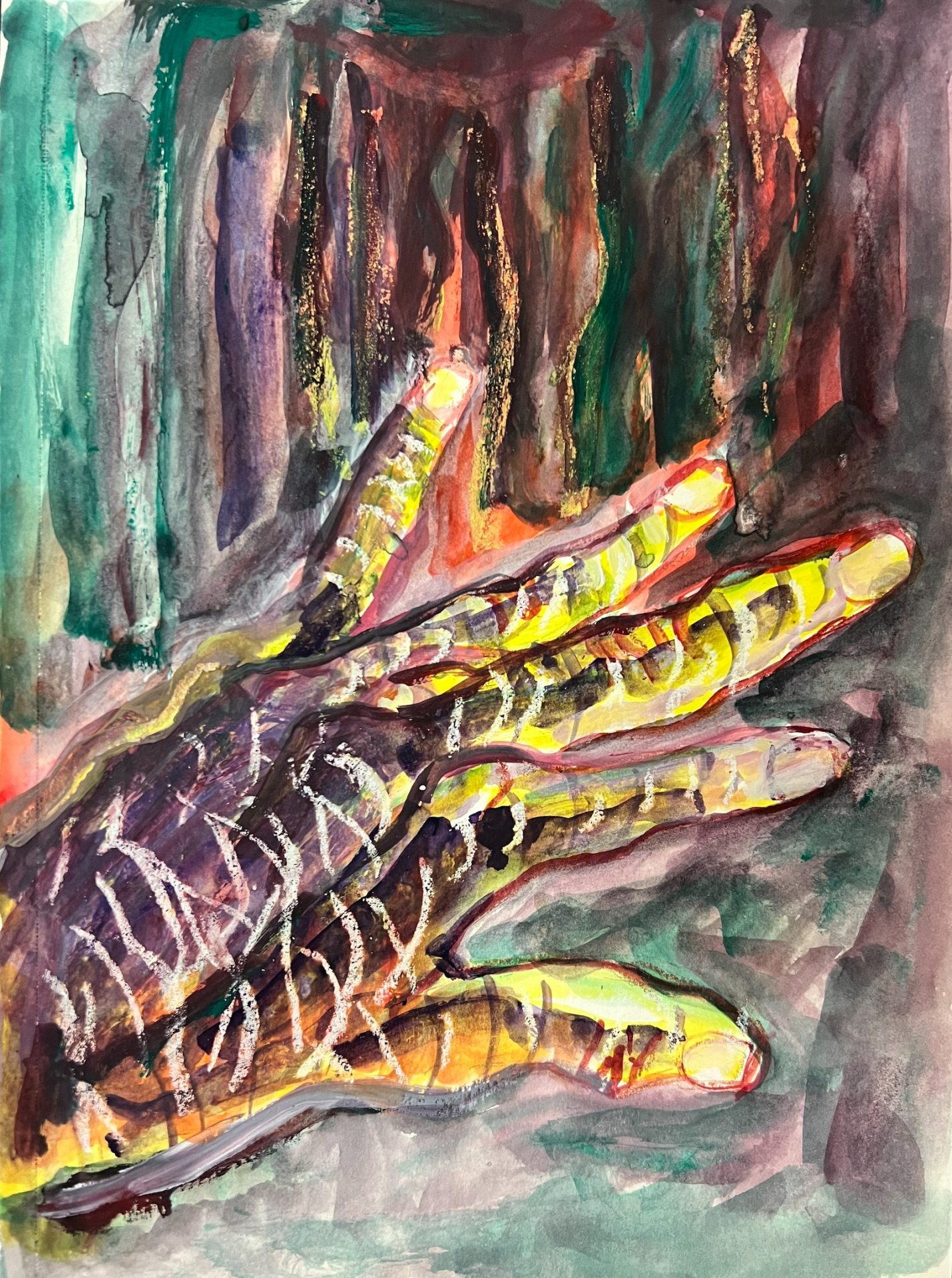 A semi-abstract painting depicting a hand with a backgrounds of greens, reds, and purples.