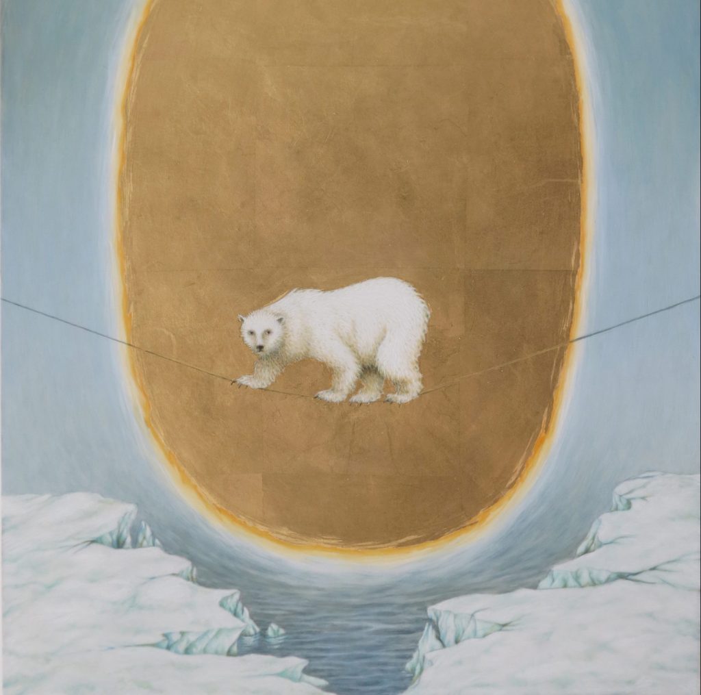 A drawing of a polar bear walking on a tightrope. There are ice caps in the water in the background.