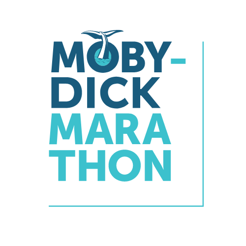 The logo for the Moby Dick Marathon. The text reads: Moby-Dick Marathon. There is a whale's tail coming out of the "O" in the word Moby.