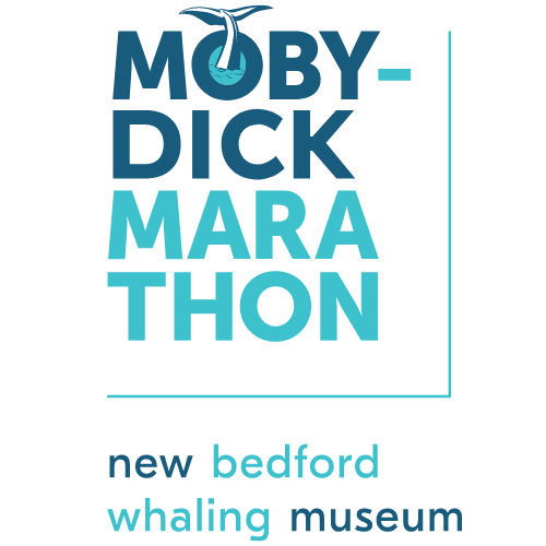 The logo for the Moby Dick Marathon. The text reads: "Moby-Dick Marathon. New Bedford Whaling Museum" There is a whale's tail coming out of the "O" in the word Moby.
