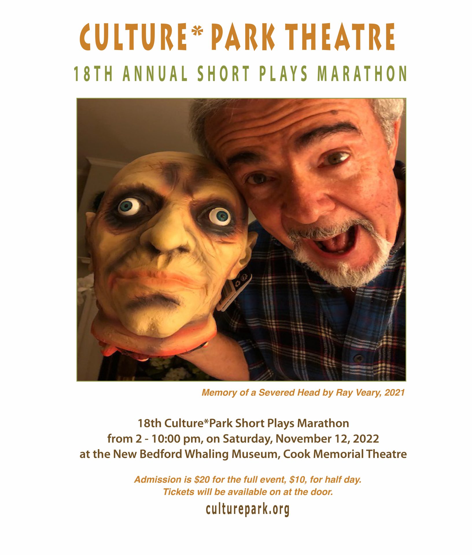 A photograph of a man posing with a dummy severed head with a title above that reads "Culture Park Theatre, 18th Annual Short Plays Marathon"