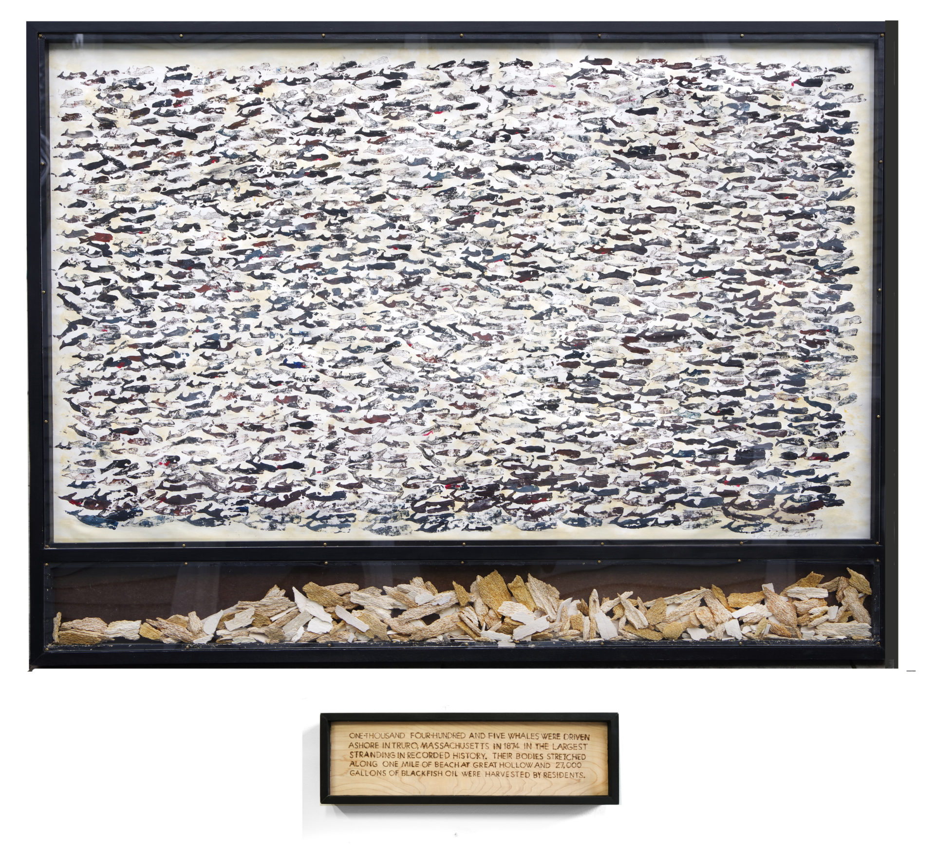 Unique block print on rag paper with bone fragments in artist’s frame & wood-burned text panel