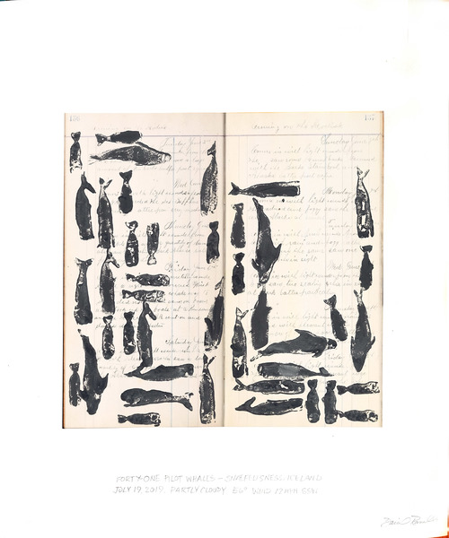 A block print of several pilot whales on rag paper.