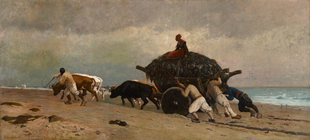 An oil painting of a group of seaweed gatherers pushing their ox-drawn cart across a beach.