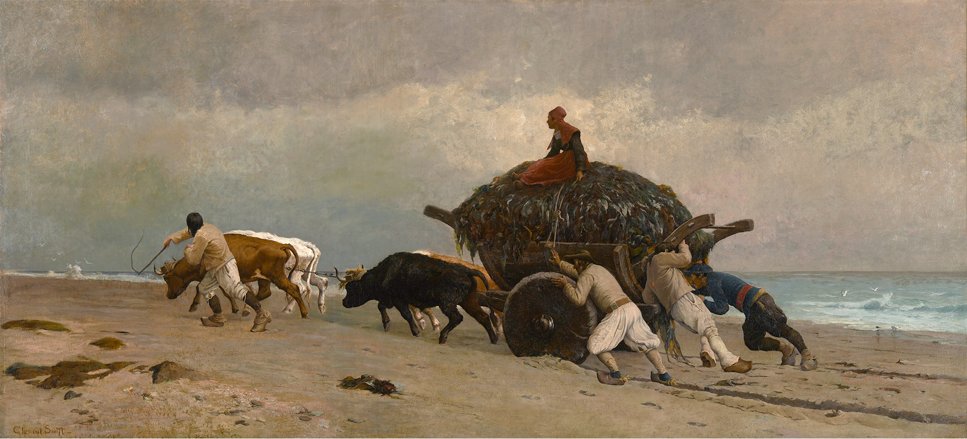 An oil painting of a group of seaweed gatherers pushing their ox-drawn cart across a beach.