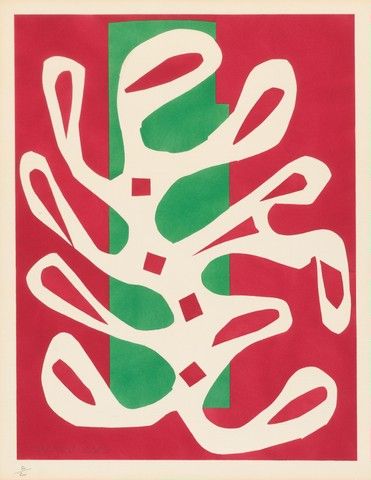 A color lithograph of white seaweed on a red and green background.