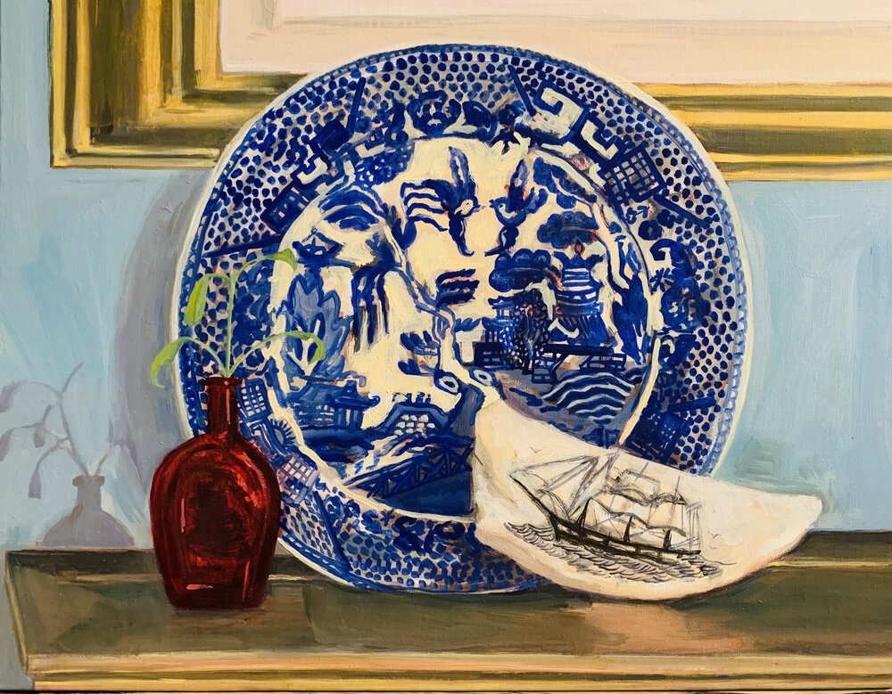 A still life oil painting of a small vase, a decorative plate, and a scrimshaw whale tooth depicting a ship.